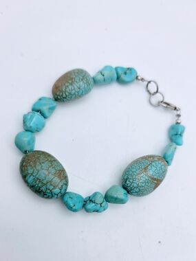 Turquoise Stone Beaded Bracelet with Marbled Oval Accents - Women Jewelry